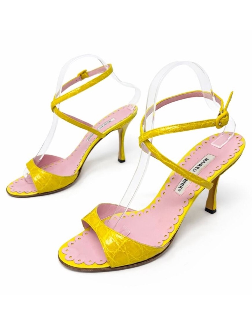 Manolo Blahnik Yellow Croc Embossed Strappy Sandals Pink Trim Womens Size EU 40